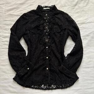 Axes Femme Black textured layered lace blouse pearl buttons beaded details